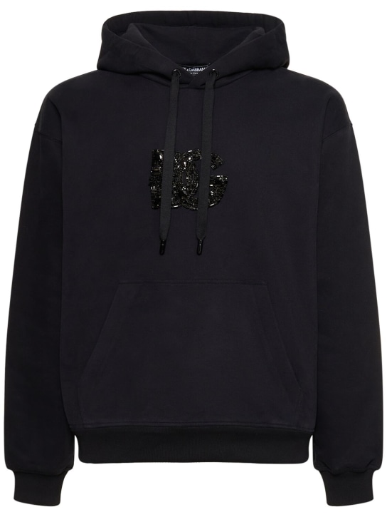Dolce&Gabbana: Hooded cotton sweatshirt w/ stones - Black - men_0 | Luisa Via Roma