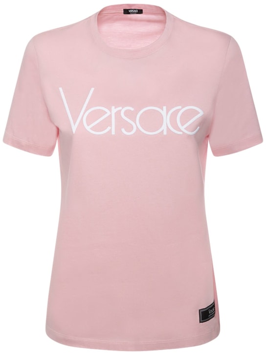 Versace: Logo embroidered jersey t-shirt - Pembe - women_0 | Luisa Via Roma