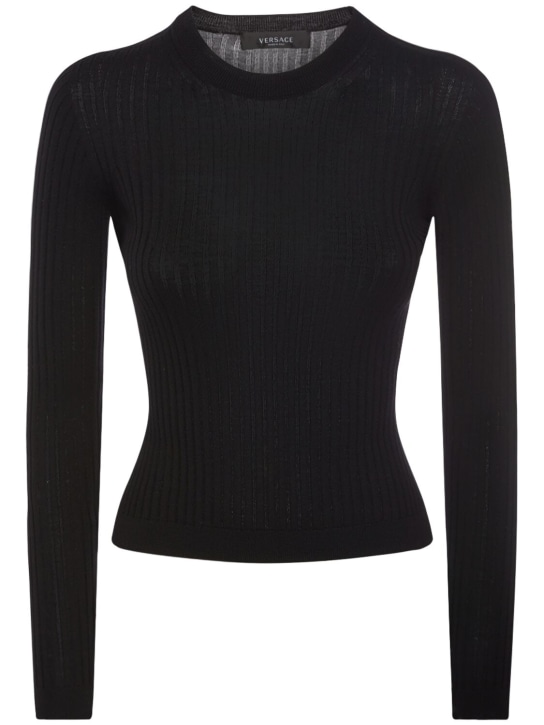 Versace: Sweater aus Wollstrickripp - Schwarz - women_0 | Luisa Via Roma