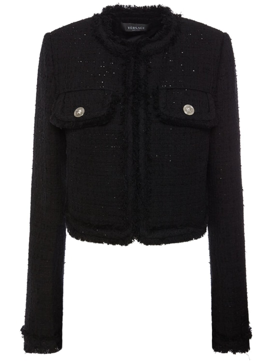 Versace: Cotton blend tweed jacket - Siyah - women_0 | Luisa Via Roma