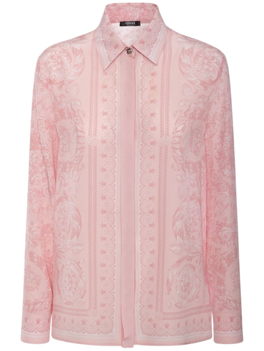 Versace: Camicia in twill di seta stampato - Rosa - women_0 | Luisa Via Roma