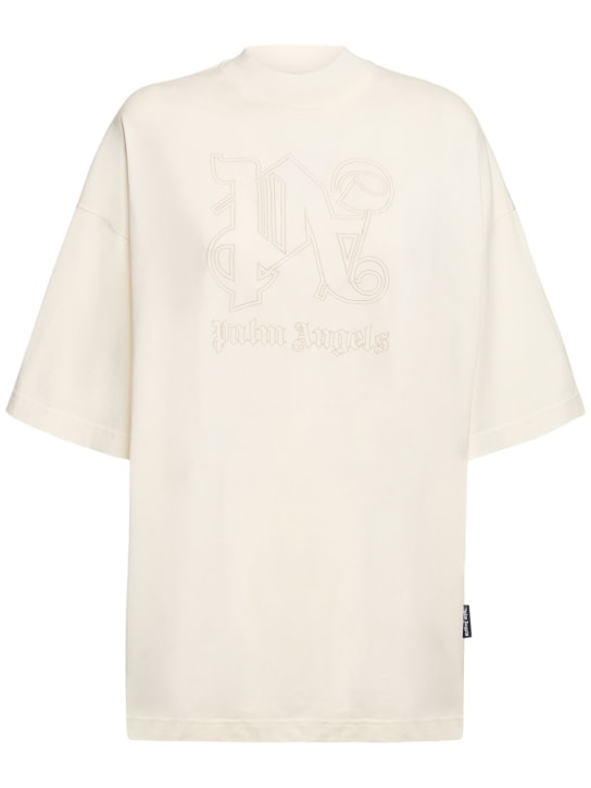 Palm Angels: T-shirt en coton à monogramme - Blanc Cassé - women_0 | Luisa Via Roma