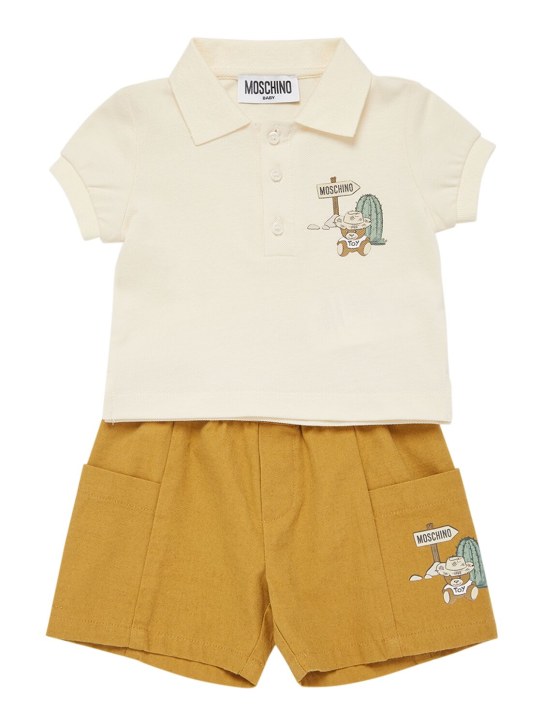 Moschino: Polo in cotone piqué e shorts in tela - Beige - kids-boys_0 | Luisa Via Roma
