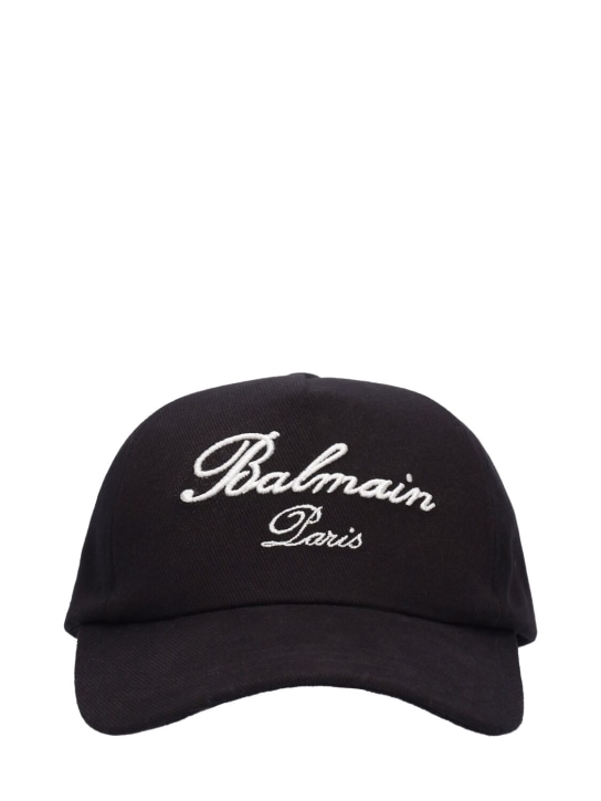 Balmain: Gorra de baseball de algodón con logo - Negro/Beige - men_0 | Luisa Via Roma