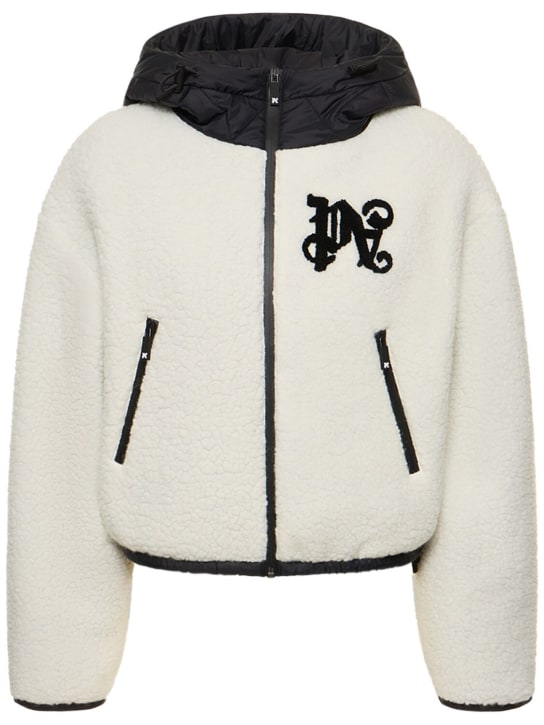 Palm Angels: Monogram wool blend puffer ski jacket - Beyaz/Siyah - women_0 | Luisa Via Roma