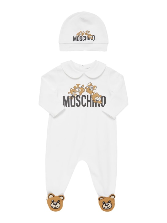 Moschino: コットンジャージーロンパース＆キャップ - ホワイト - kids-boys_0 | Luisa Via Roma