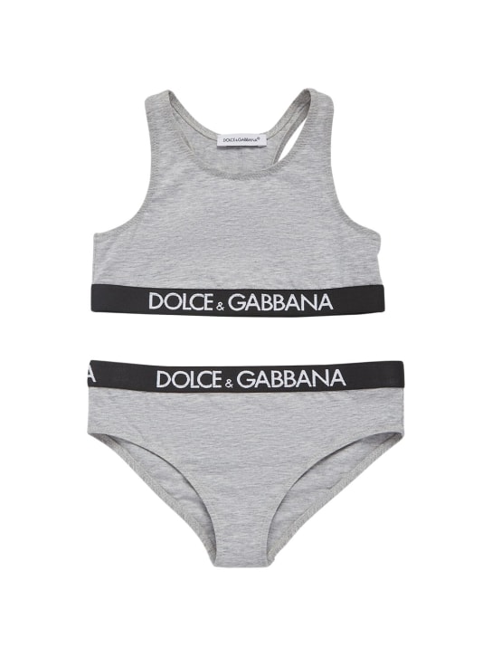 Dolce&Gabbana: Logo cotton blend bra & briefs - Gri - kids-girls_0 | Luisa Via Roma