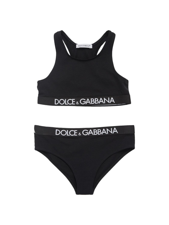 Dolce&Gabbana: Slip und BH aus Baumwollmischjersey mit Logo - Schwarz - kids-girls_0 | Luisa Via Roma