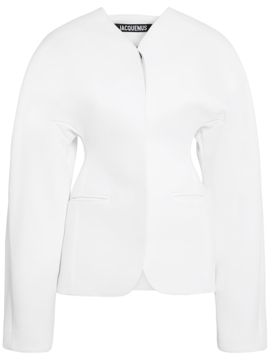 Jacquemus: La Veste Ovalo cady collarless jacket - Beyaz - women_0 | Luisa Via Roma