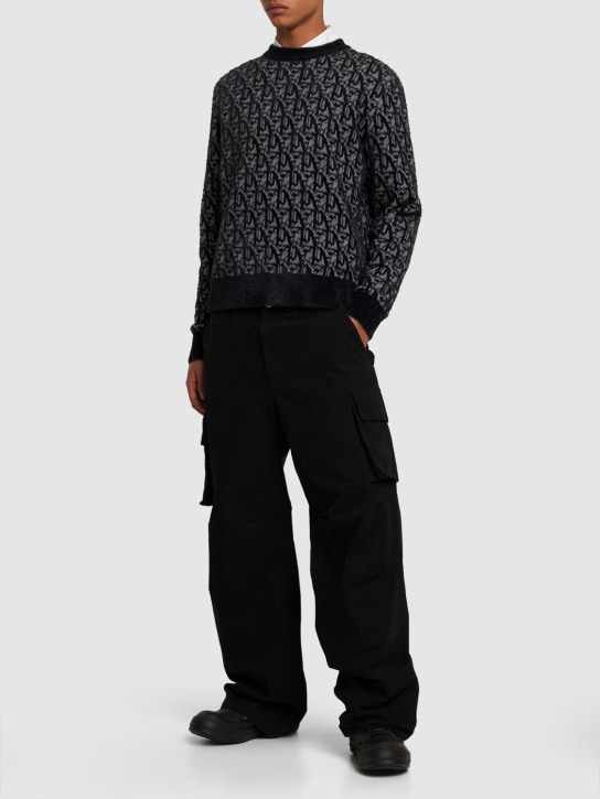 Palm Angels: Monogram jacquard wool blend sweater - Grey/Black - men_1 | Luisa Via Roma
