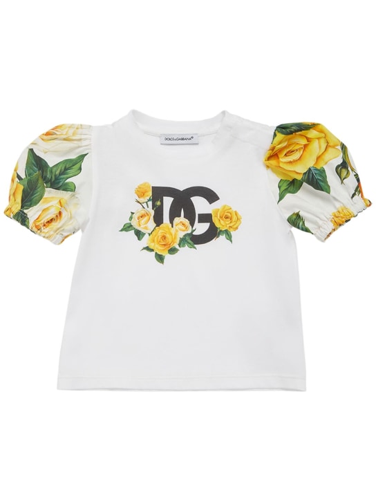 Dolce&Gabbana: Flower コットンTシャツ - ホワイト/イエロー - kids-girls_0 | Luisa Via Roma