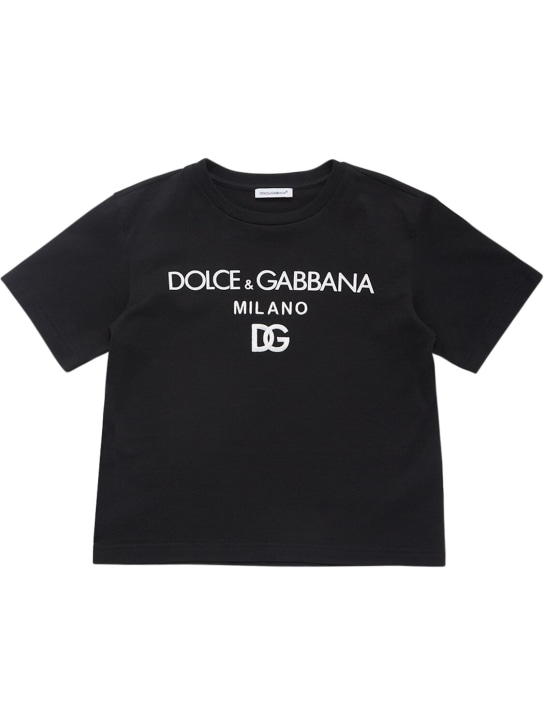 Dolce&Gabbana: Logo印花棉质平纹针织T恤 - 黑色 - kids-boys_0 | Luisa Via Roma