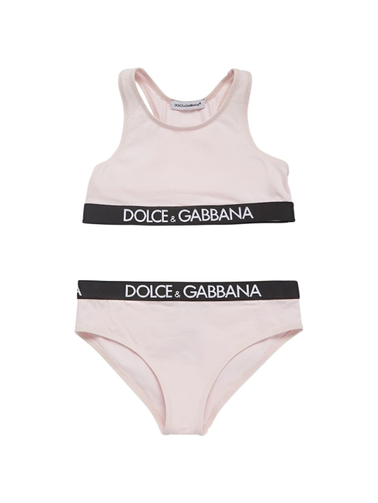 Dolce&Gabbana: Logo cotton blend bra & briefs - Pembe - kids-girls_0 | Luisa Via Roma