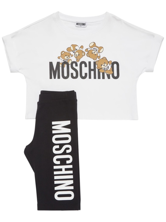 Moschino: Cotton jersey cropped t-shirt & leggings - Beyaz/Siyah - kids-girls_0 | Luisa Via Roma