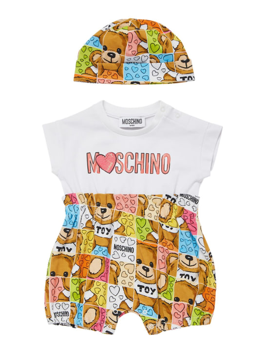 Moschino: コットンジャージーロンパース＆キャップ - ホワイト - kids-girls_0 | Luisa Via Roma