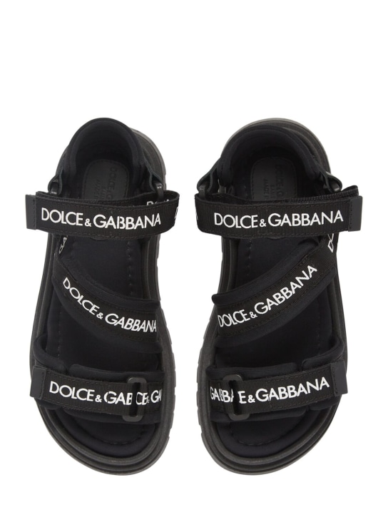 Dolce&Gabbana: Sandalias de lycra con correas y logo - Negro/Blanco - kids-girls_1 | Luisa Via Roma