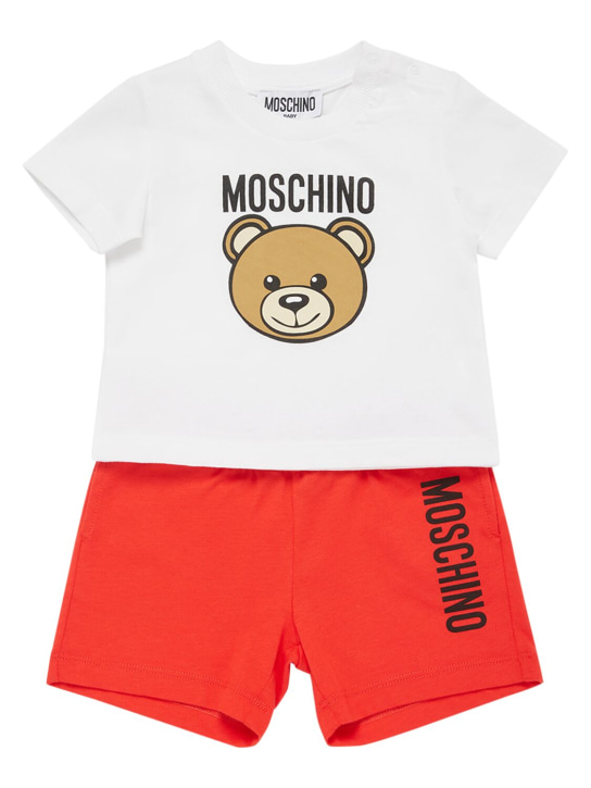Moschino: コットンジャージーTシャツ＆スウェットショートパンツ - ホワイト/レッド - kids-boys_0 | Luisa Via Roma