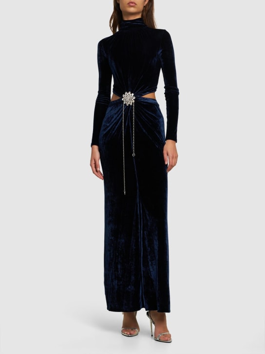 Rabanne: Velvet draped turtleneck long dress - Navy - women_1 | Luisa Via Roma