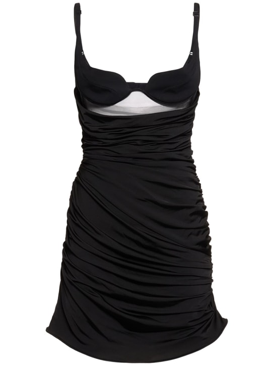 MUGLER: Ruffled tulle & jersey mini dress - Black - women_0 | Luisa Via Roma
