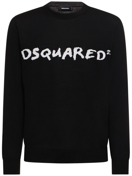 Dsquared2: Logo jacquard wool blend sweater - Black - men_0 | Luisa Via Roma