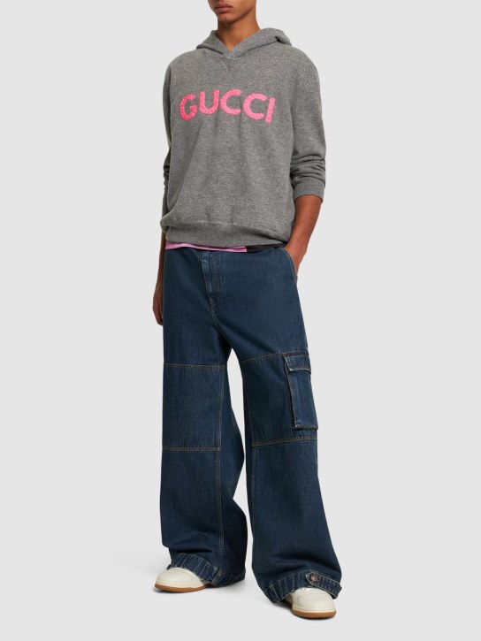 Gucci: Logo wool knit hoodie - Grey/Pink - men_1 | Luisa Via Roma