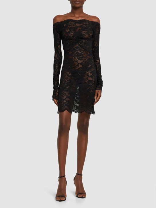 Rabanne: Off-the-shoulder lace l/s mini dress - Black - women_1 | Luisa Via Roma
