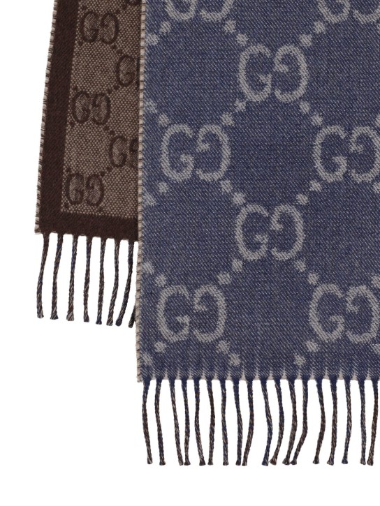Gucci: Bufanda de punto de lana con borlas y jacquard - Marino/Beige - women_1 | Luisa Via Roma