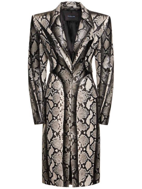 MUGLER: Snake printed leather midi coat - Beyaz/Siyah - women_0 | Luisa Via Roma
