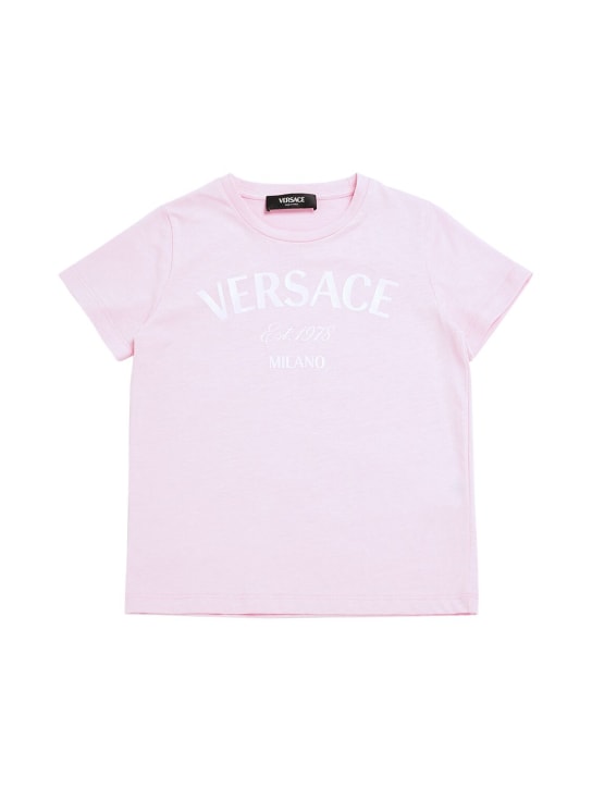 Versace: T-shirt en jersey de coton imprimé - Rose - kids-girls_0 | Luisa Via Roma