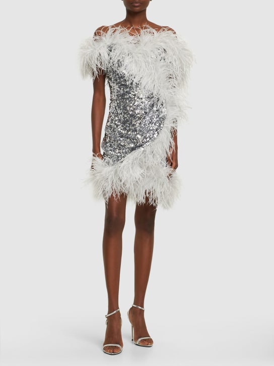 Dolce&Gabbana: Vestido corto con lentejuelas y plumas - Plata/Gris - women_1 | Luisa Via Roma