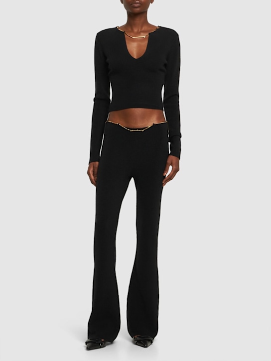 Alexander Wang: Boot leg wool blend pants w/ logo chain - Black - women_1 | Luisa Via Roma