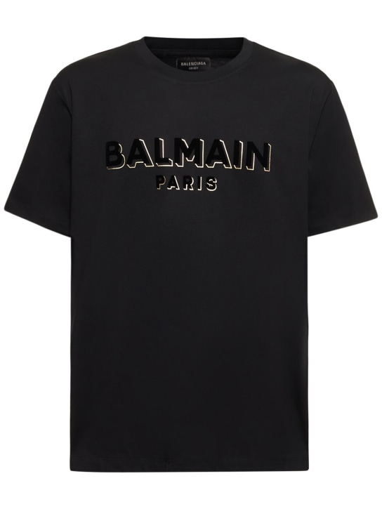 Balmain: 植绒&金箔logo T恤 - 黑色/金色 - men_0 | Luisa Via Roma