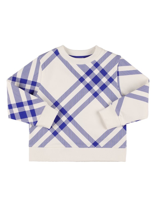 Burberry: Check print cotton knit sweater - White/Blue - kids-boys_0 | Luisa Via Roma