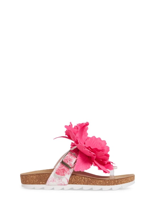Monnalisa: Ramage slide sandals w/flower appliqué - Beige/Fuchsia - kids-girls_0 | Luisa Via Roma