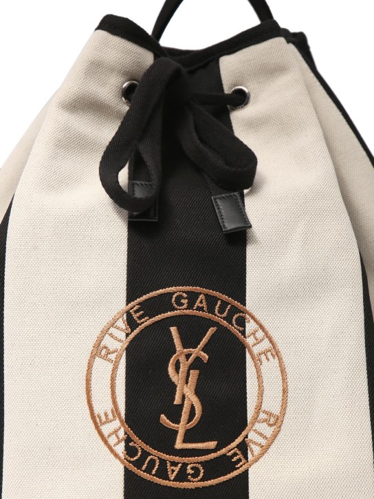 Saint Laurent: Rive Gauche cotton & linen body bag - Beyaz/Siyah - men_1 | Luisa Via Roma