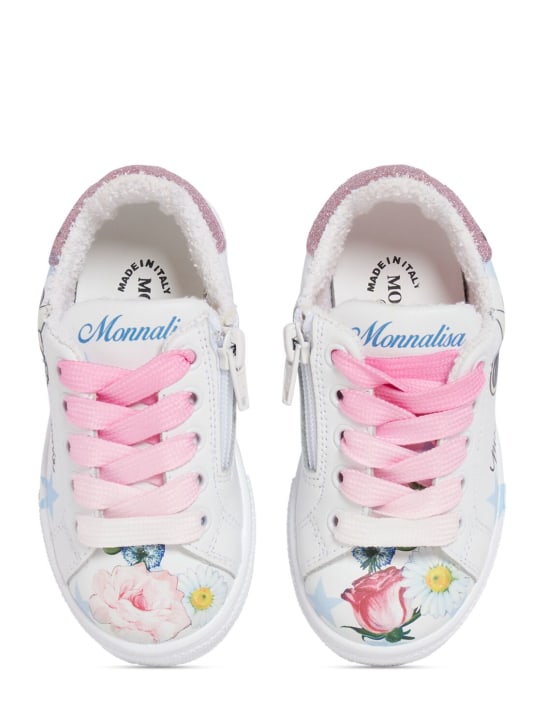 Monnalisa: 印花皮革运动鞋 - 白色/粉色 - kids-girls_1 | Luisa Via Roma