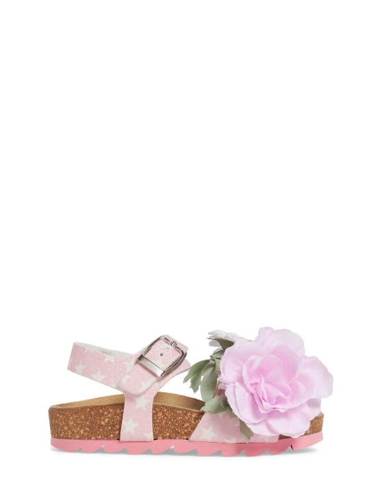 Monnalisa: Sandales en simili-cuir avec fleurs appliquées - Rose/Multicolore - kids-girls_0 | Luisa Via Roma