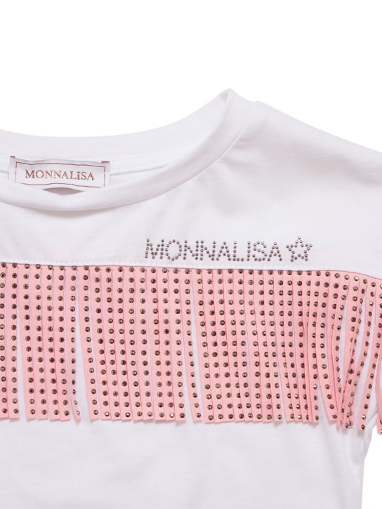 Monnalisa: Cotton jersey t-shirt w/fringes - Beyaz/Pembe - kids-girls_1 | Luisa Via Roma