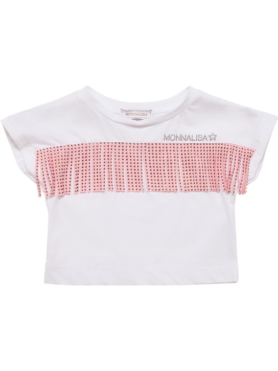 Monnalisa: Cotton jersey t-shirt w/fringes - Beyaz/Pembe - kids-girls_0 | Luisa Via Roma