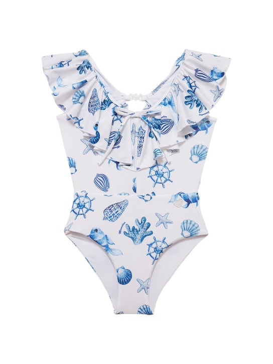 Monnalisa: Printed one piece swimsuit w/ ruffles - White - kids-girls_0 | Luisa Via Roma