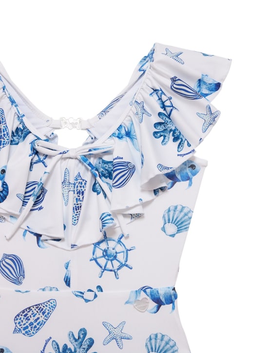 Monnalisa: Printed one piece swimsuit w/ ruffles - White - kids-girls_1 | Luisa Via Roma
