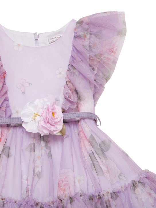 Monnalisa: Printed stretch tulle dress w/ ruffles - Purple/Multi - kids-girls_1 | Luisa Via Roma