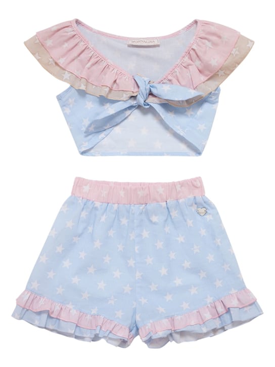 Monnalisa: Cotton muslin top & shorts w/ruffles - Pink/Light Blue - kids-girls_0 | Luisa Via Roma
