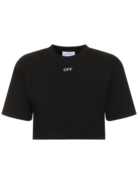 Off-White: Kürzeres T-Shirt aus Baumwolljersey mit Logodruck - Schwarz - women_0 | Luisa Via Roma