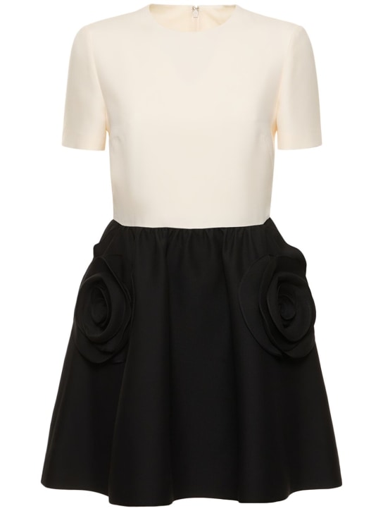 Valentino: Wool & silk crepe mini dress w/ roses - Ivory/Black - women_0 | Luisa Via Roma