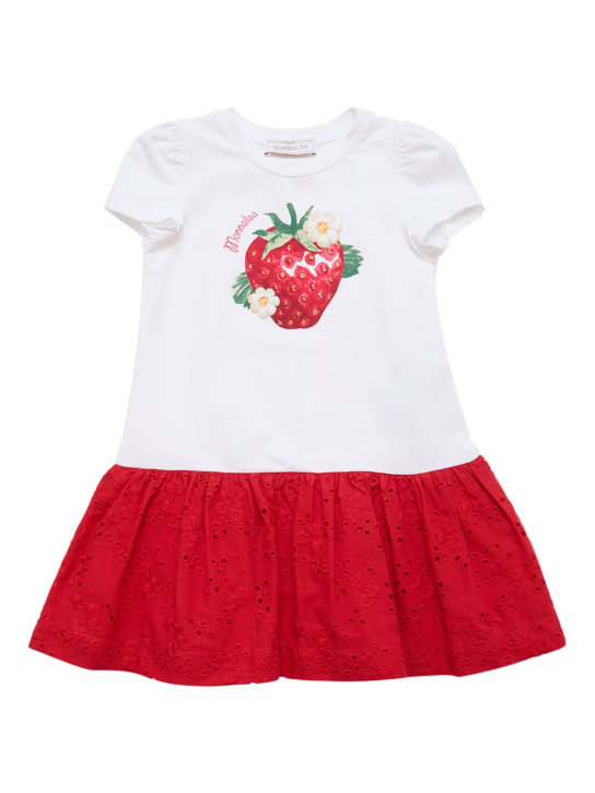 Monnalisa: Robe en jersey de coton imprimé - Blanc/Rouge - kids-girls_0 | Luisa Via Roma