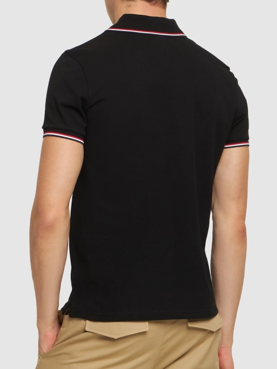 Moncler: Tricolour-trimmed cotton piquet polo - Black - men_2 | Luisa Via Roma