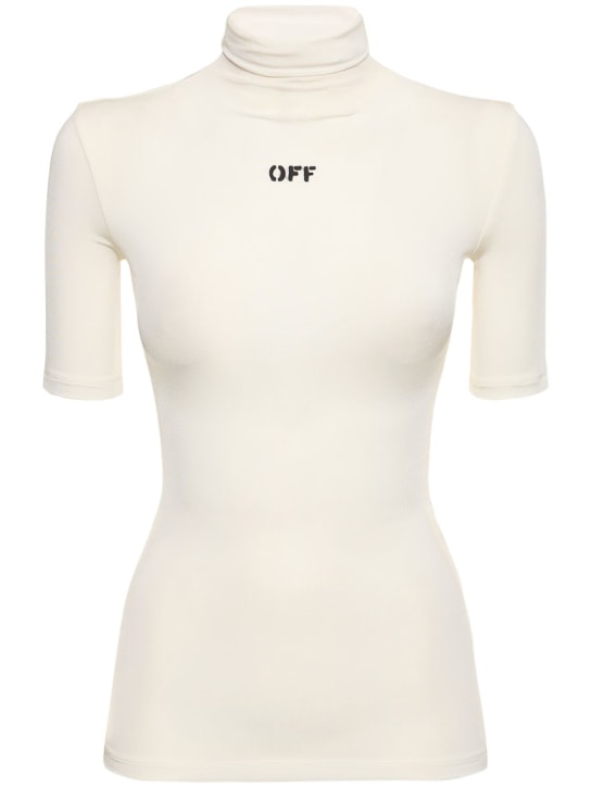 Off-White: Top collo alto in misto viscosa con logo - Bianco - women_0 | Luisa Via Roma