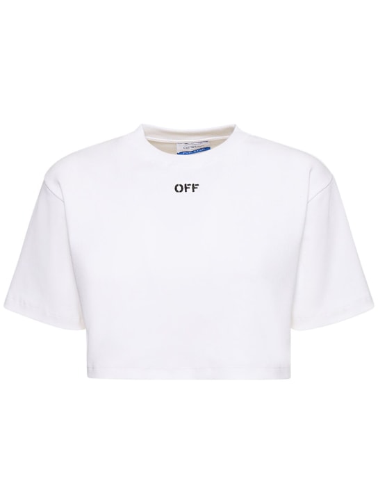 Off-White: Logo cotton blend cropped t-shirt - Beyaz - women_0 | Luisa Via Roma