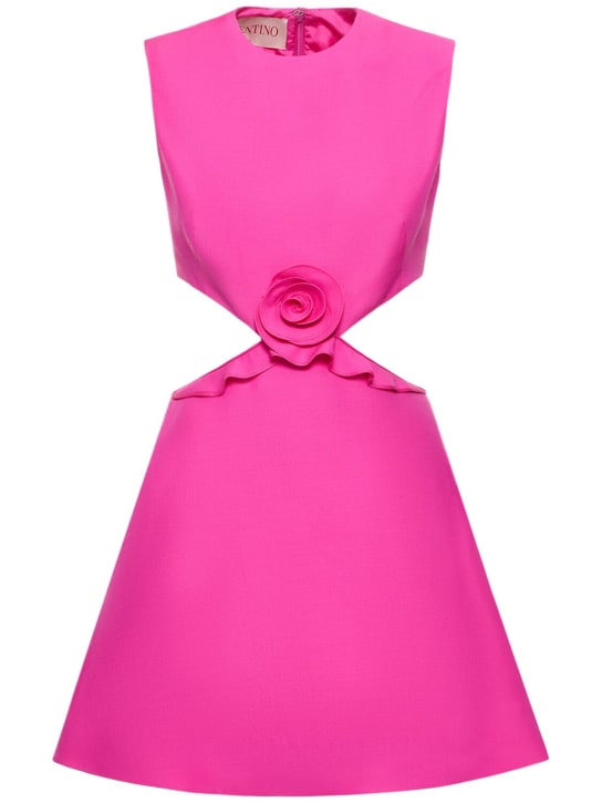 Valentino: 羊毛&真丝绉纱镂空玫瑰装饰迷你连衣裙 - Pink - women_0 | Luisa Via Roma